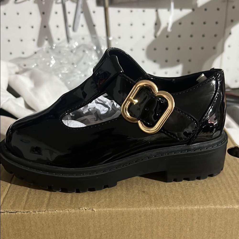 Shiny Black Loafers with Gold Buckle